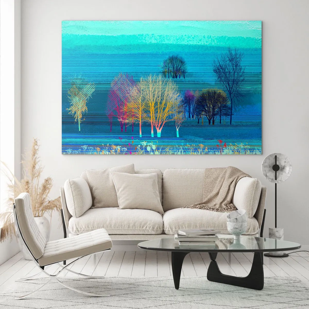 Quadro em vidro - Uma paisagem colorida com árvores sobre um fundo de tons azuis - 70x50cm - Uma paisagem arrebatadora - Decoração de parede moderna para a sala de estar e quarto ARTTOR