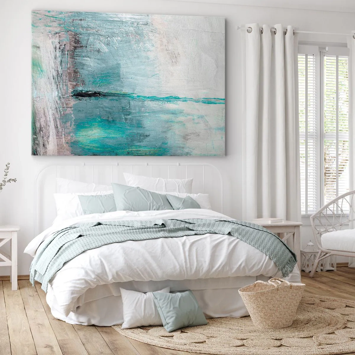 Quadro em tela - Abstração em tons de turquesa e cinza - 70x50cm - Horizontalmente em azul - Decoração de parede moderna para a sala de estar e quarto ARTTOR