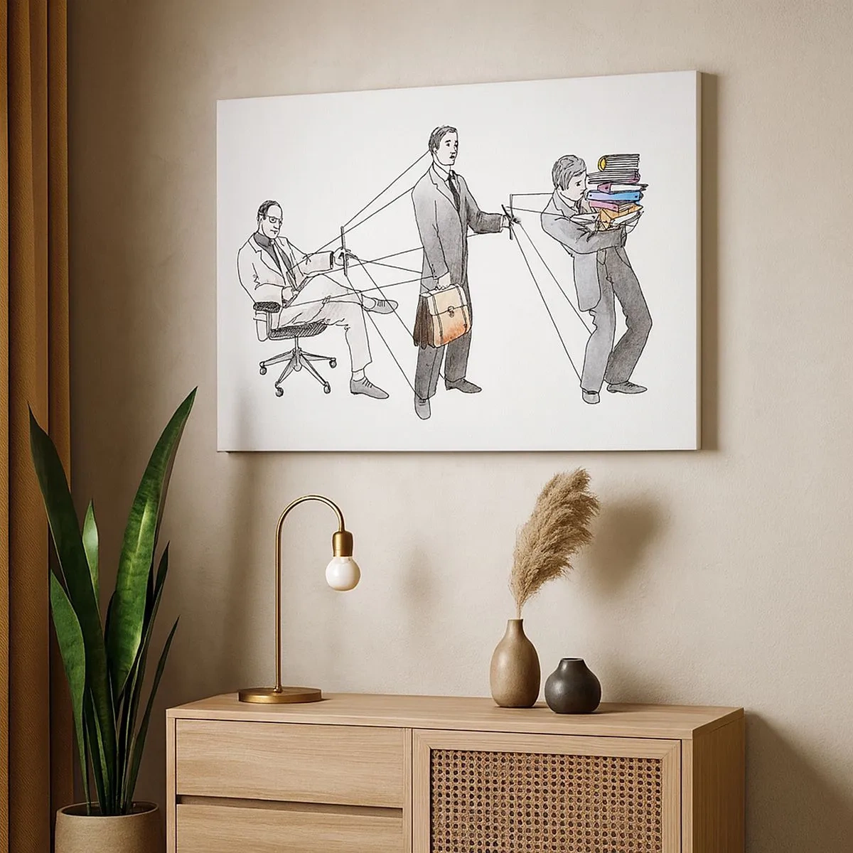 Quadro em tela - Uma ilustração mostrando pessoas sendo controladas como marionetes. - 70x50cm - Cada um tem o seu mestre - Decoração de parede moderna para a sala de estar e quarto ARTTOR