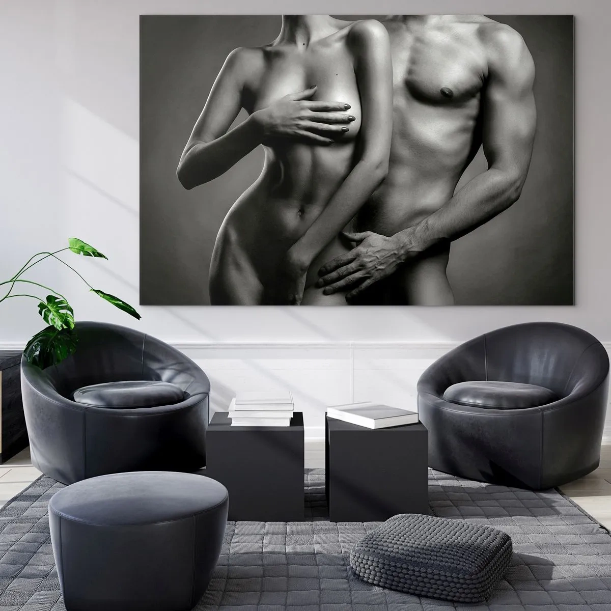 Quadro em vidro - Composição em preto e branco com silhuetas nuas de um casal - 70x50cm - Adão e Eva - Decoração de parede moderna para a sala de estar e quarto ARTTOR