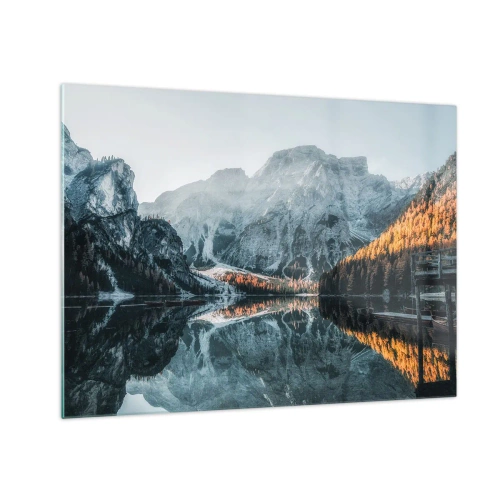 Quadro em vidro - Uma paisagem montanhosa refletida na superfície calma do lago - 70x50cm - Paisagem espelhada - Decoração de parede moderna para a sala de estar e quarto ARTTOR