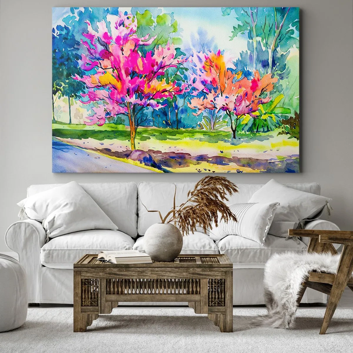 Quadro em tela - Árvores coloridas em um parque em estilo aquarela - 70x50cm - Um jardim arco-íris no brilho da primavera - Decoração de parede moderna para a sala de estar e quarto ARTTOR