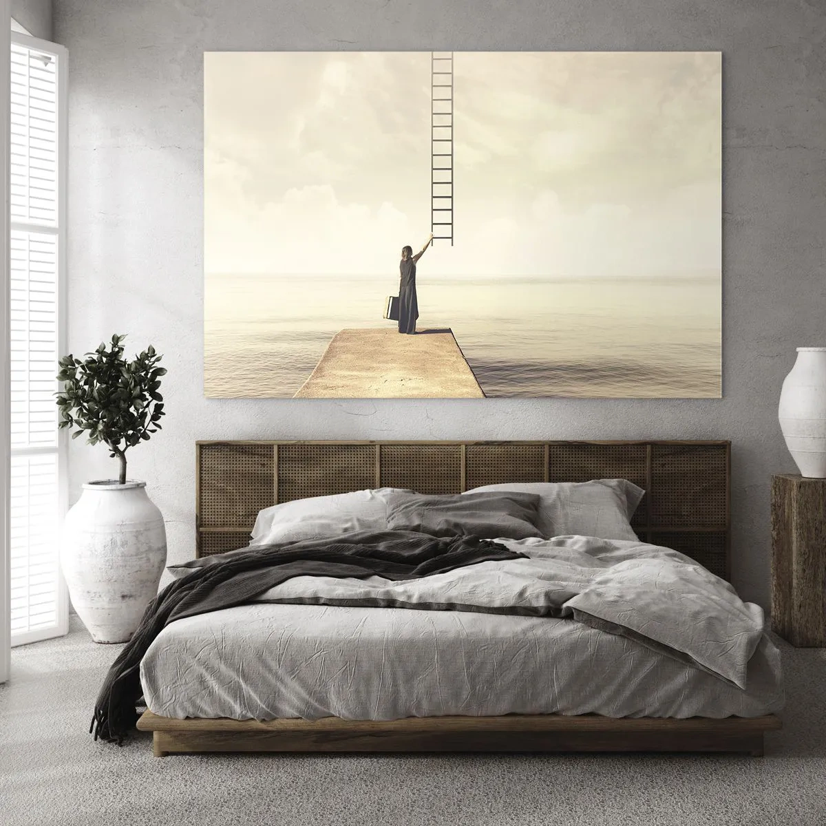 Quadro em vidro - Mulher em um píer com uma escada levando ao céu - 70x50cm - Uma viagem mágica - Decoração de parede moderna para a sala de estar e quarto ARTTOR