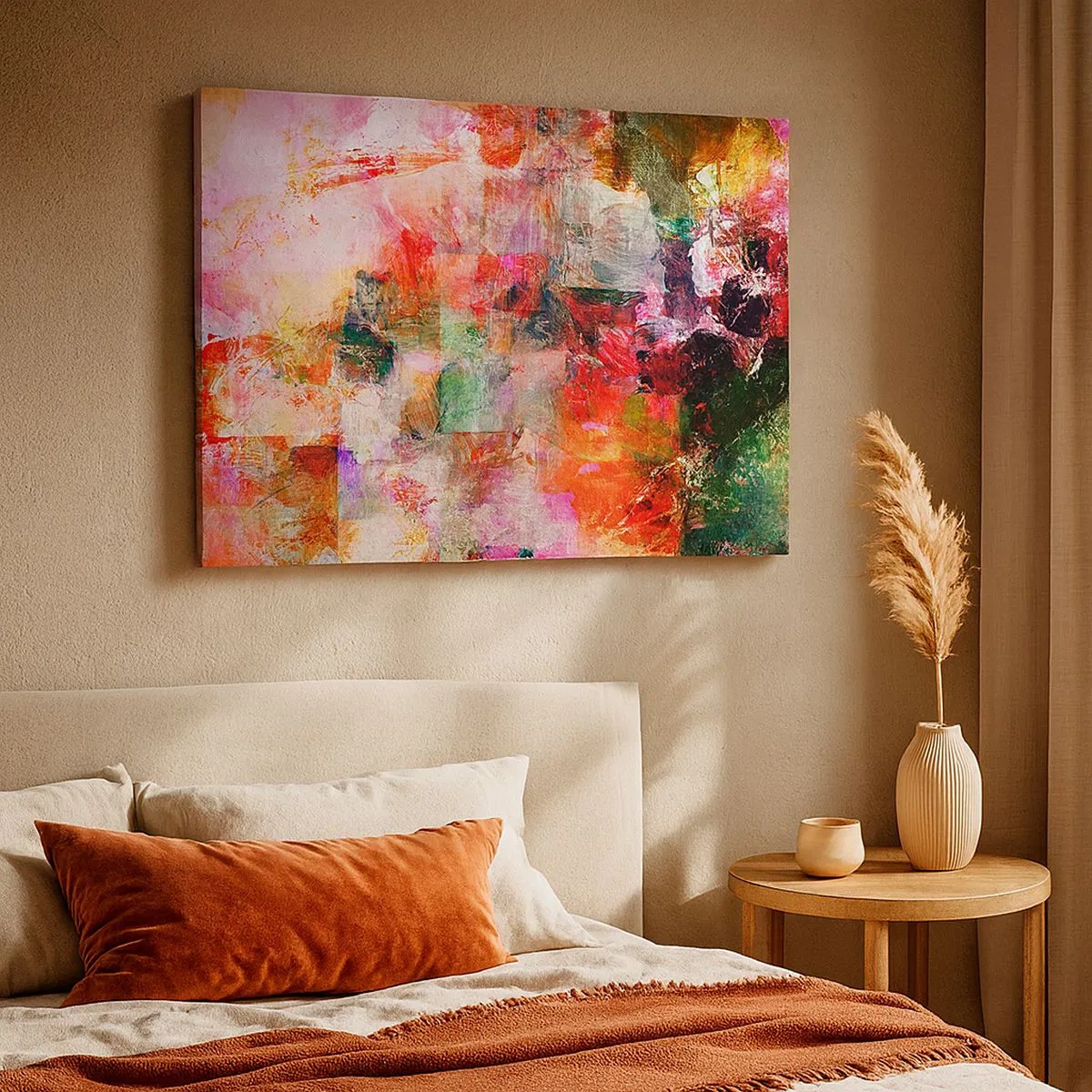 Quadro em tela - Uma composição abstrata com tons dominantes de rosa e vermelho. - 70x50cm - Viagem rosa - Decoração de parede moderna para a sala de estar e quarto ARTTOR