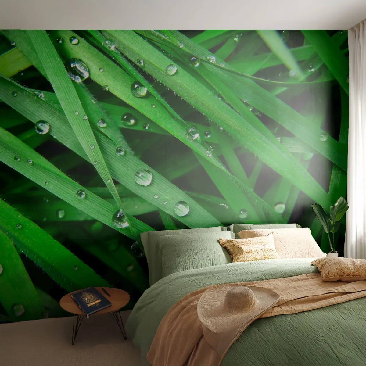 Papel de Parede Standard Eco - Grama verde coberta com gotas de orvalho - 100x70cm - Jogue no verde - Decoração de parede moderna para a sala de estar e quarto ARTTOR