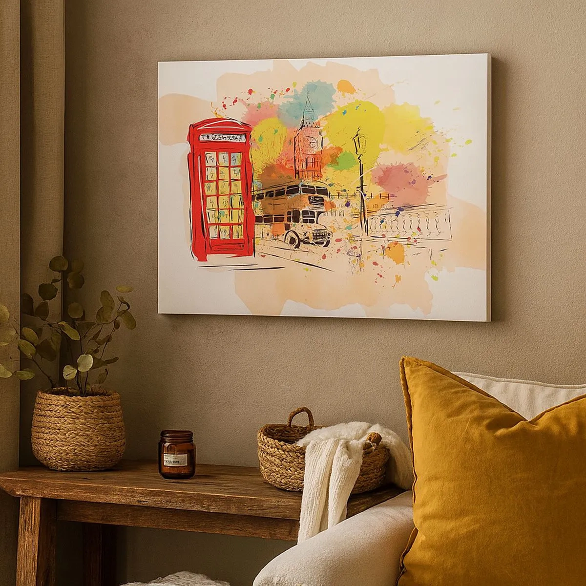 Quadro em tela - Tema de Londres com ônibus vermelho e cabine - 70x50cm - A cidade da variedade - Decoração de parede moderna para a sala de estar e quarto ARTTOR