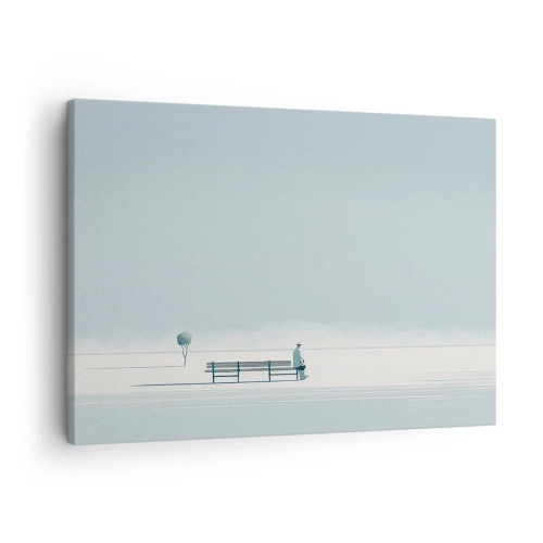 Quadro em tela - Uma pessoa sentada em um banco em uma paisagem minimalista - 70x50cm - Sim, estou esperando. - Decoração de parede moderna para a sala de estar e quarto ARTTOR