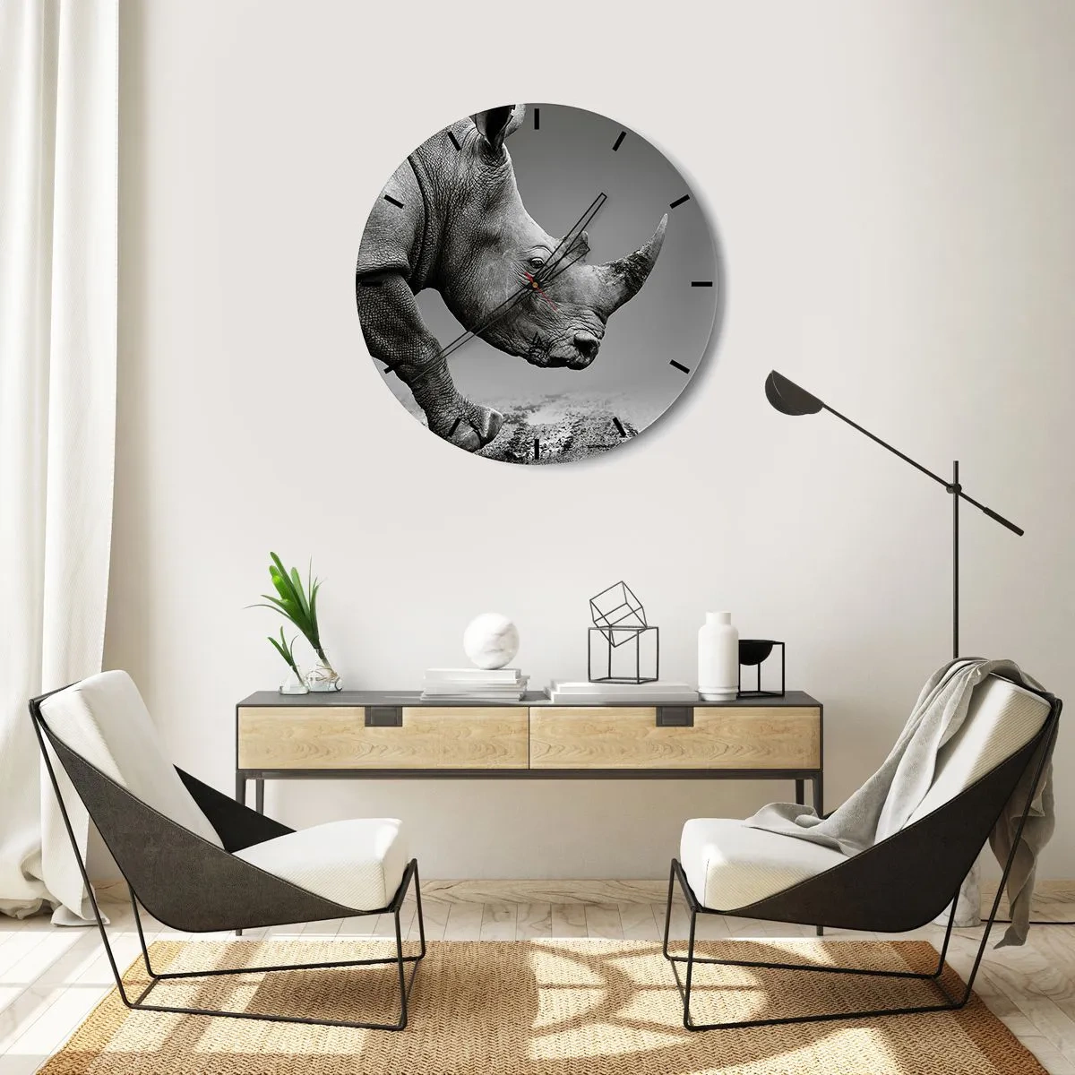 Relógio de parede - Relógio em vidro - Um rinoceronte em estilo preto e branco sobre um fundo neutro - 30x30cm - Força imparável - Decoração de parede moderna para a sala de estar, cozinha e quarto ARTTOR