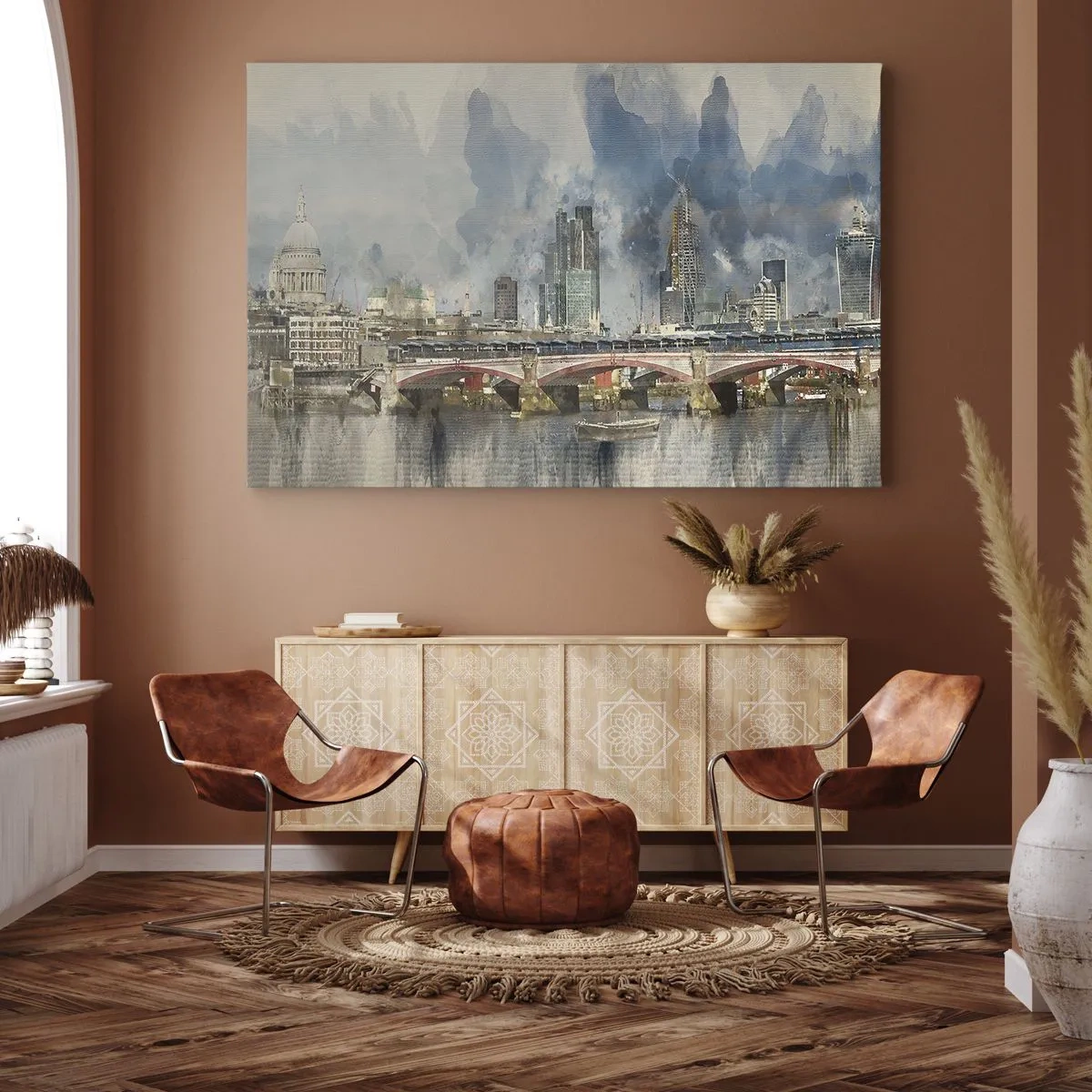 Quadro em tela - Vista em aquarela da ponte e do horizonte da cidade - 70x50cm - Londres em toda a sua glória - Decoração de parede moderna para a sala de estar e quarto ARTTOR