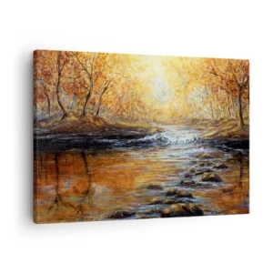Quadro em tela - Paisagem de outono com um rio entre as árvores - 70x50cm - Riacho Dourado - Decoração de parede moderna para a sala de estar e quarto ARTTOR