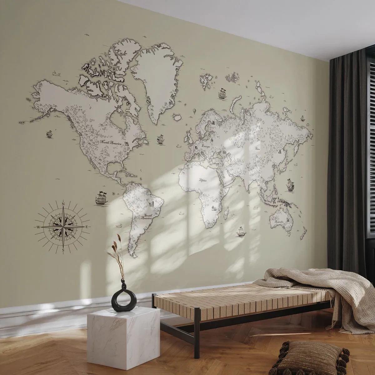 Papel de Parede Premium Sand - Uma viagem à volta do mundo - Mapa mundial, Continentes, Navio pirata - 100x70 cm
