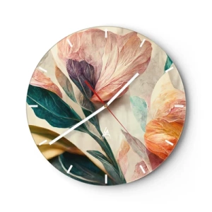 Relógio de parede - Relógio em vidro - Flores tropicais coloridas em estilo pictórico sobre fundo claro - 30x30cm - Flores das ilhas do sul - Decoração de parede moderna para a sala de estar, cozinha e quarto ARTTOR