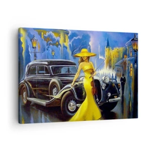 Quadro em tela - Uma mulher de vestido amarelo com um violino ao lado de um carro retrô. - 70x50cm - Música instrumental com violino e amor - Decoração de parede moderna para a sala de estar e quarto ARTTOR