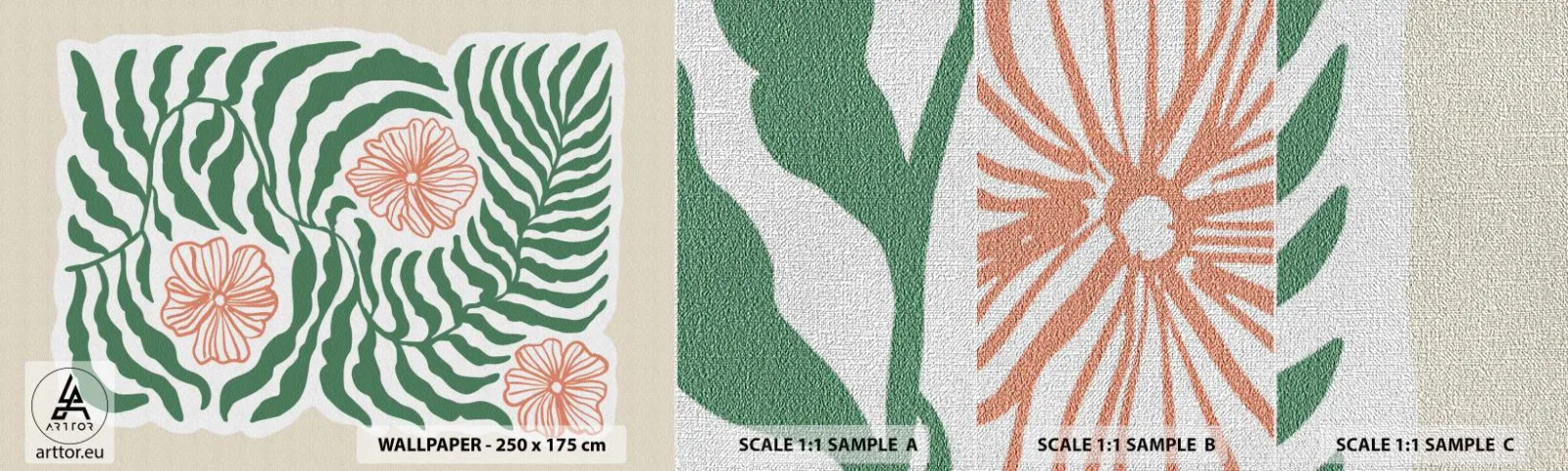 Amostra de papel de parede Premium Canvas - Florescendo em verde - Boho, Botânico, Flores - 100x30 cm