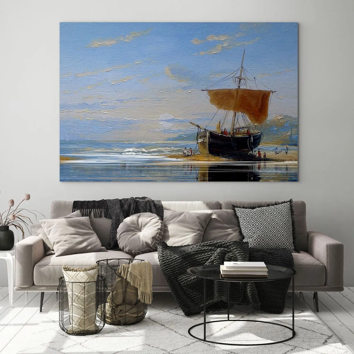 Quadro em vidro - Um navio com uma vela na costa em estilo pictórico - 70x50cm - Água, terra, ar - Decoração de parede moderna para a sala de estar e quarto ARTTOR