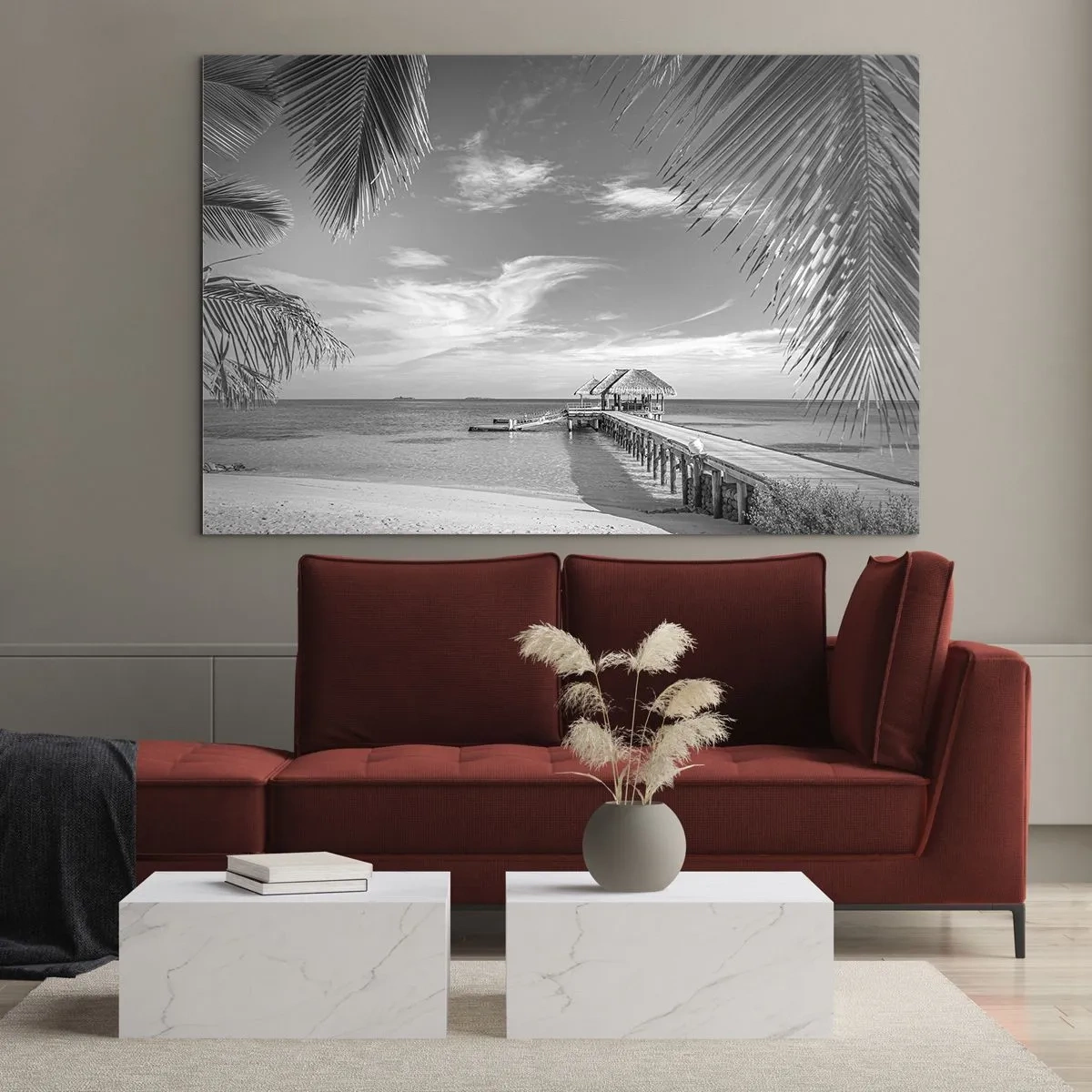 Quadro em vidro - Foto em preto e branco de uma praia tropical com um píer - 70x50cm - Memória ou sonho? - Decoração de parede moderna para a sala de estar e quarto ARTTOR
