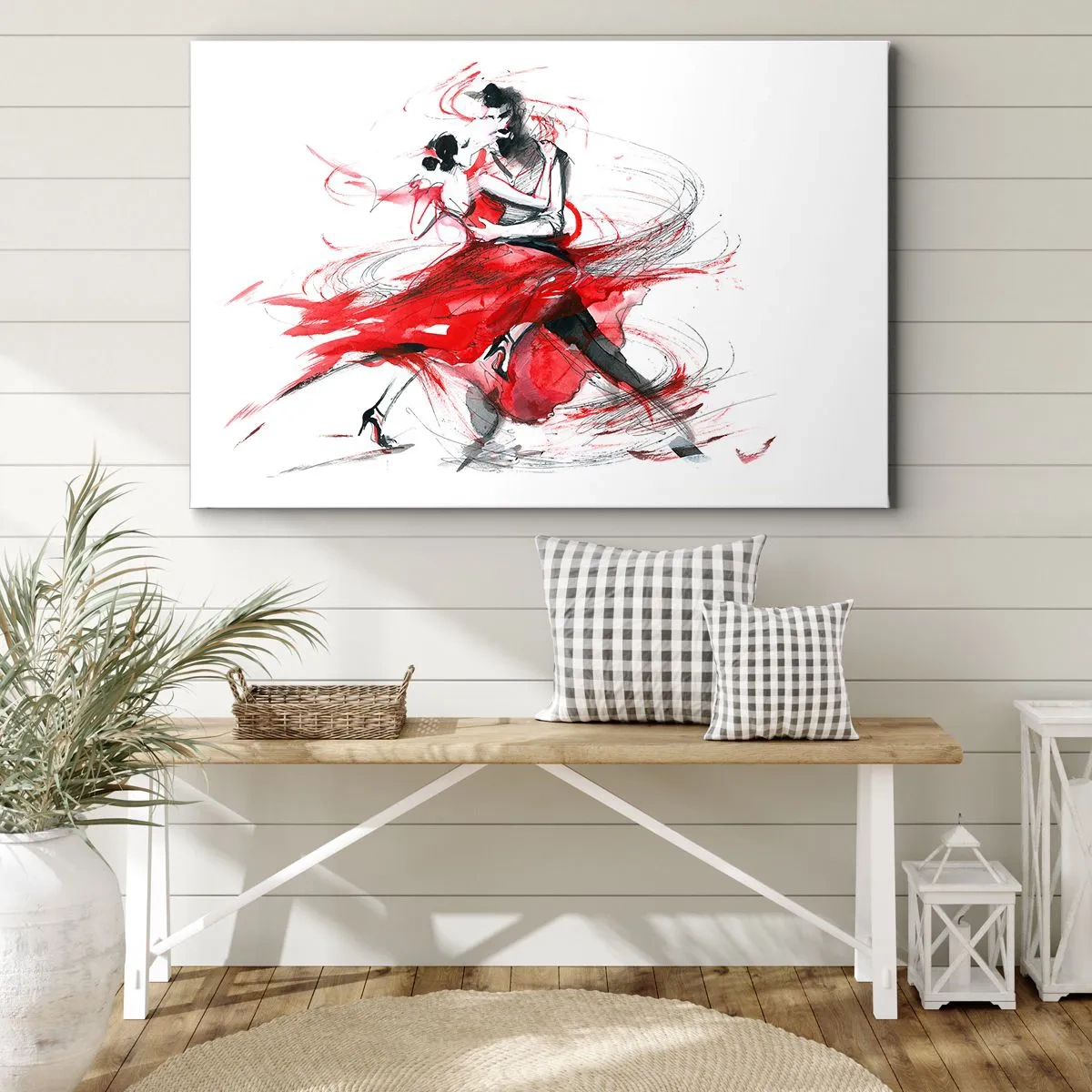 Quadro em tela - Dançarinos em uma dança dinâmica com detalhes em vermelho - 70x50cm - Tango - o ritmo da paixão - Decoração de parede moderna para a sala de estar e quarto ARTTOR