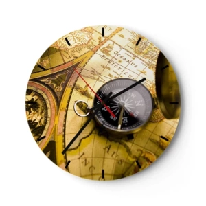 Relógio de parede - Relógio em vidro - Uma bússola em um fundo de mapa antigo - 30x30cm - Que tal ao fim do mundo? - Decoração de parede moderna para a sala de estar, cozinha e quarto ARTTOR