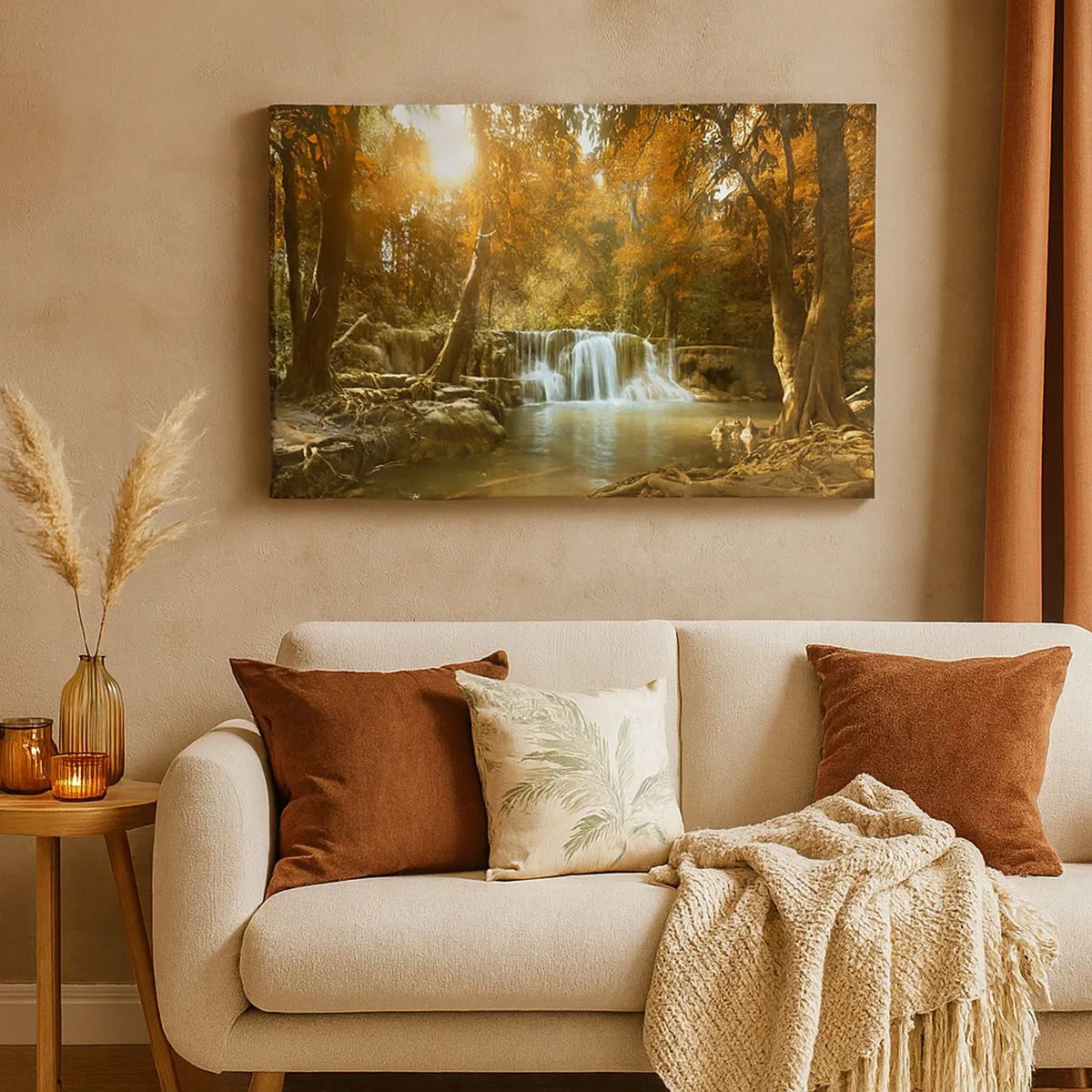 Quadro em tela - Paisagem de outono com cachoeira - 70x50cm - A cascata do parque - Decoração de parede moderna para a sala de estar e quarto ARTTOR
