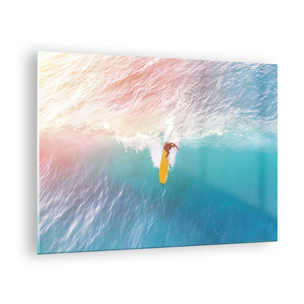Quadro em vidro - Surfista pegando uma onda no oceano turquesa - 70x50cm - Cavaleiro oceânico - Decoração de parede moderna para a sala de estar e quarto ARTTOR