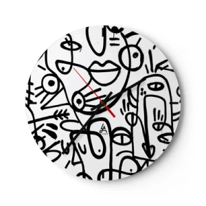 Relógio de parede - Relógio em vidro - Rostos de arte abstrata em fundo branco - 30x30cm - Rostos e miragens - Decoração de parede moderna para a sala de estar, cozinha e quarto ARTTOR