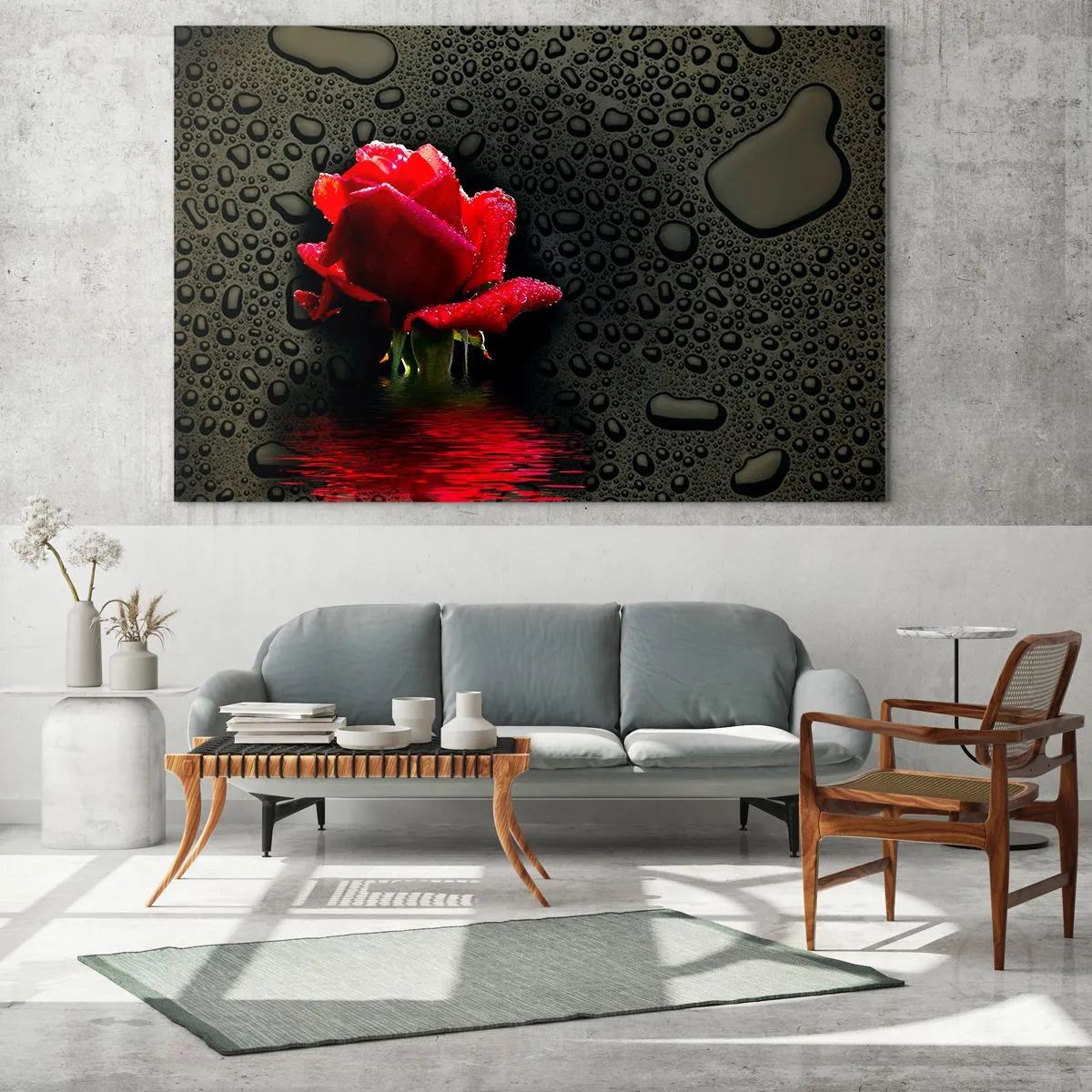 Quadro em vidro - Rosa vermelha com gotas de água em um fundo escuro - 70x50cm - Vermelho e preto - Decoração de parede moderna para a sala de estar e quarto ARTTOR