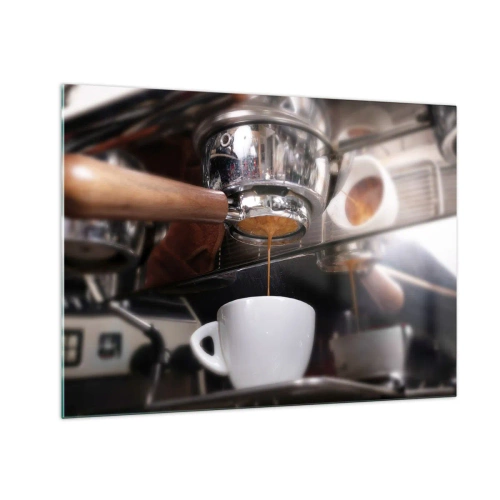 Quadro em vidro - Close-up de uma xícara de café sendo despejada de uma cafeteira de pressão - 70x50cm - Boa hora do dia - Decoração de parede moderna para a sala de estar e quarto ARTTOR