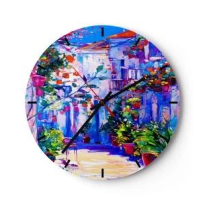 Relógio de parede - Relógio em vidro - Um charmoso pátio repleto de flores em cores intensas - 30x30cm - Impressão - rua italiana - Decoração de parede moderna para a sala de estar, cozinha e quarto ARTTOR
