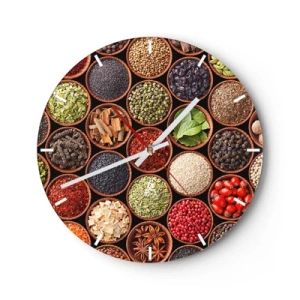 Relógio de parede - Relógio em vidro - Um mostrador de relógio com um motivo colorido de especiarias e ervas em tigelas de madeira. - 30x30cm - Todos os sabores do mundo - Decoração de parede moderna para a sala de estar, cozinha e quarto ARTTOR