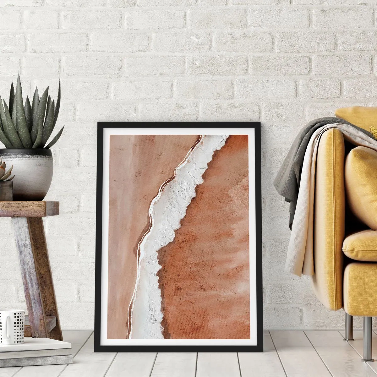 Pôster com moldura preta - Textura abstrata em tons de marrom e branco - 50x70cm - Nas cores da terra - Decoração de parede moderna para a sala de estar e quarto ARTTOR