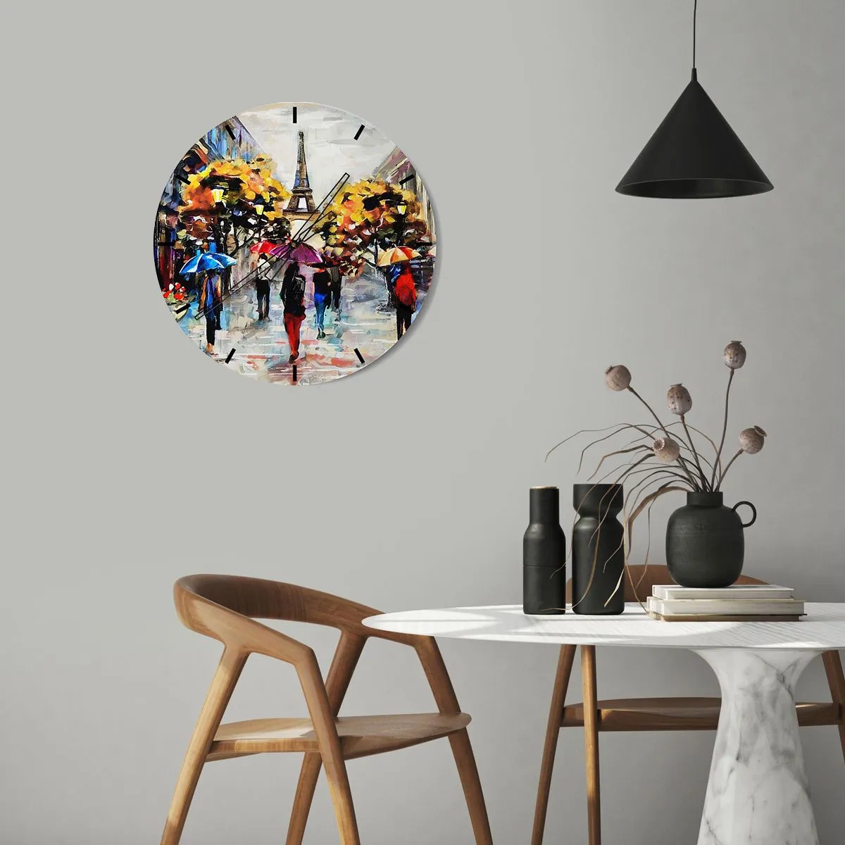 Relógio de parede - Relógio em vidro - A Torre Eiffel com árvores de outono e guarda-sóis na rua - 30x30cm - Especialmente bonita no outono - Decoração de parede moderna para a sala de estar, cozinha e quarto ARTTOR