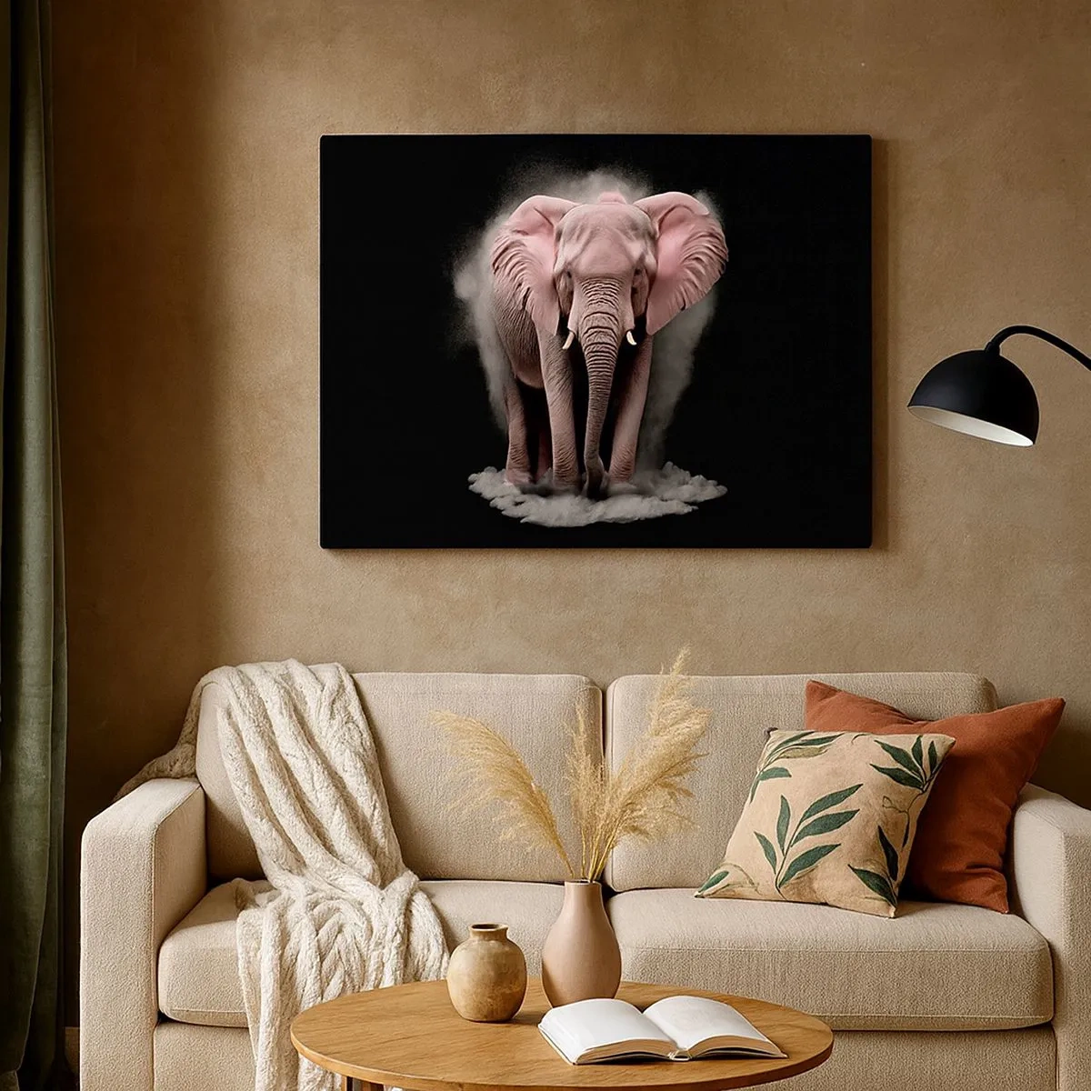 Quadro em tela - Uma abordagem artística de um elefante rosa em um fundo preto - 70x50cm - Não pense em um elefante rosa! - Decoração de parede moderna para a sala de estar e quarto ARTTOR