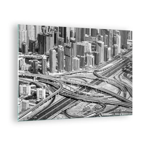 Quadro em vidro - Panorama em preto e branco da cidade com um cruzamento de rodovia - 70x50cm - Dubai – uma cidade impossível - Decoração de parede moderna para a sala de estar e quarto ARTTOR