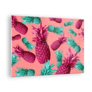 Quadro em vidro - Abacaxis coloridos em tons de rosa e verde sobre fundo rosa - 70x50cm - A liberdade é doce - Decoração de parede moderna para a sala de estar e quarto ARTTOR