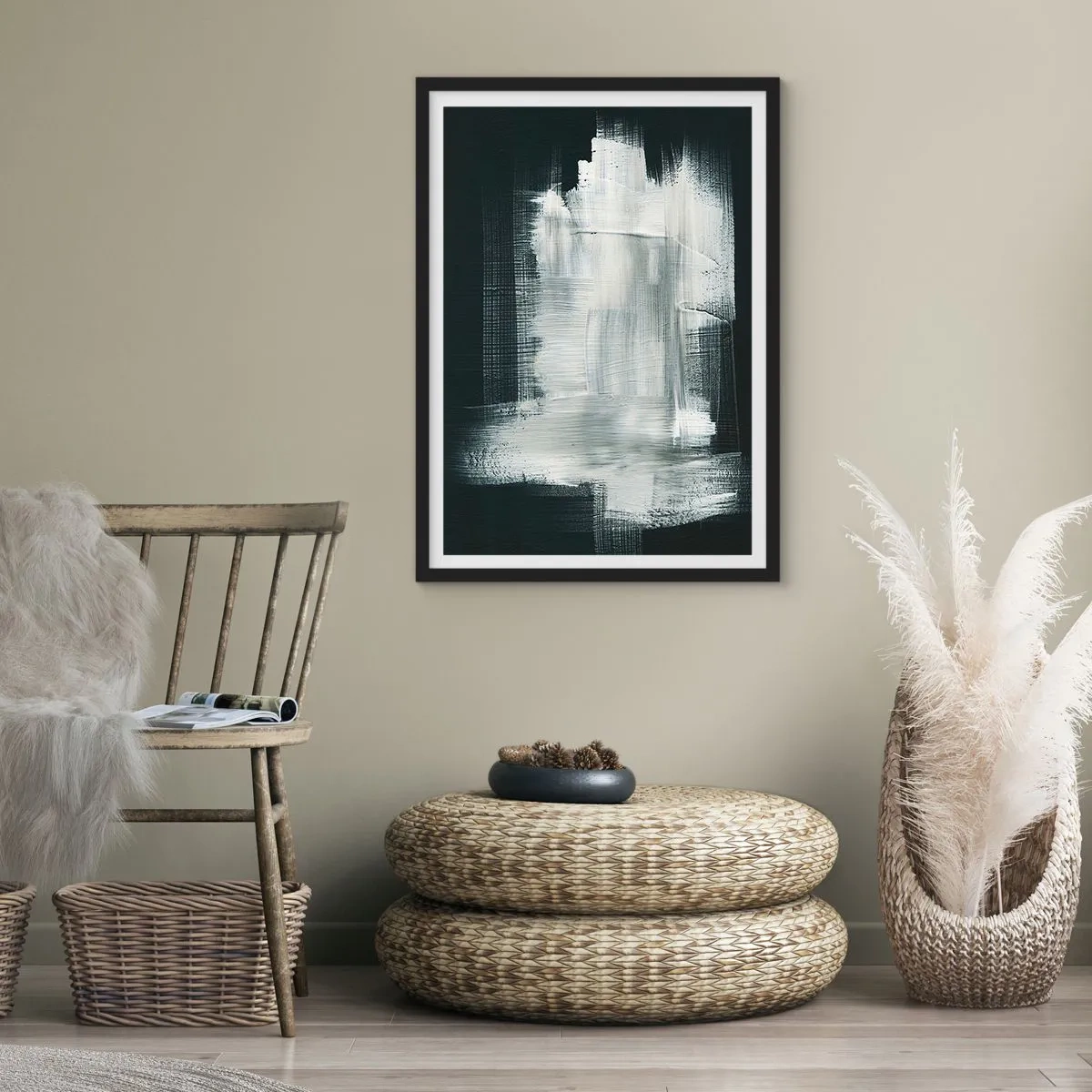 Pôster com moldura preta - Composição abstrata em branco sobre fundo escuro - 50x70cm - Entrelaçado na vertical e horizontal - Decoração de parede moderna para a sala de estar e quarto ARTTOR