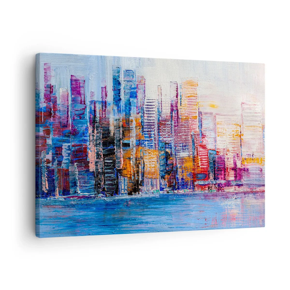 Quadro em tela - Um panorama colorido da cidade com reflexos na água - 70x50cm - Metrópole alegre - Decoração de parede moderna para a sala de estar e quarto ARTTOR