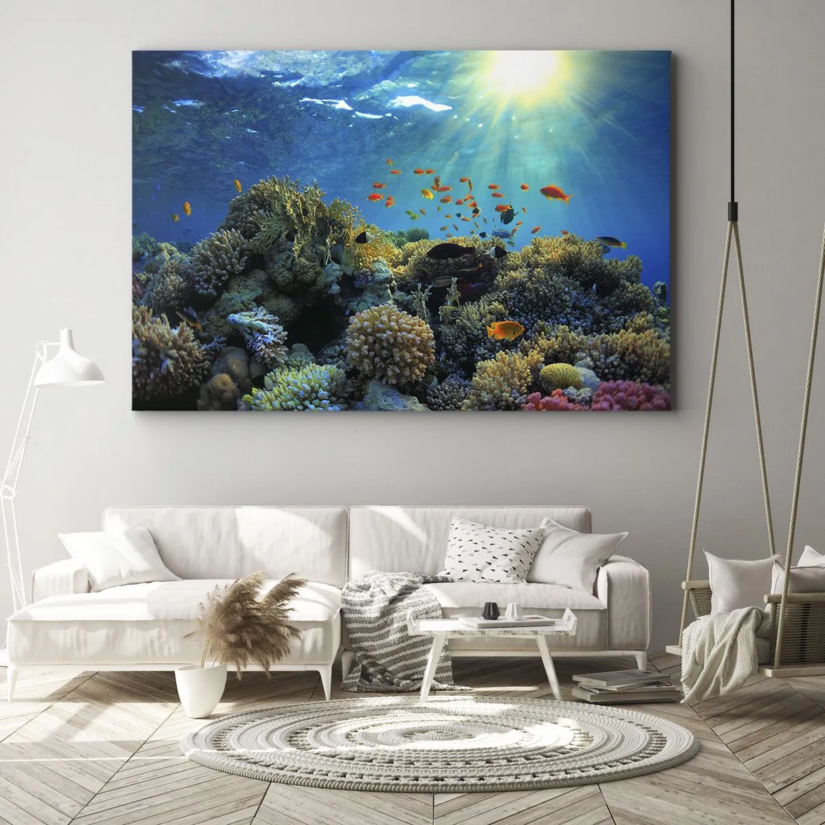 Quadro em tela - Recife de corais com peixes sob os raios de sol debaixo d'água - 70x50cm - Tesouros subaquáticos - Decoração de parede moderna para a sala de estar e quarto ARTTOR