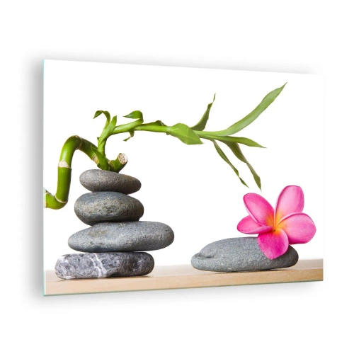 Quadro em vidro - Bambu, flor rosa e pedras em fundo branco - 70x50cm - Cores da vida e duração - Decoração de parede moderna para a sala de estar e quarto ARTTOR