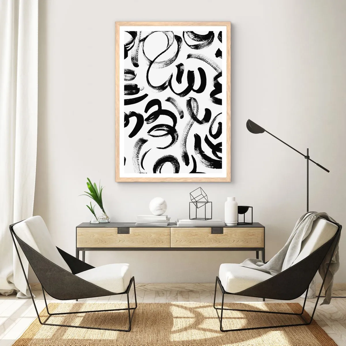 Pôster com moldura de carvalho claro - Preto sobre branco - 61x91 cm