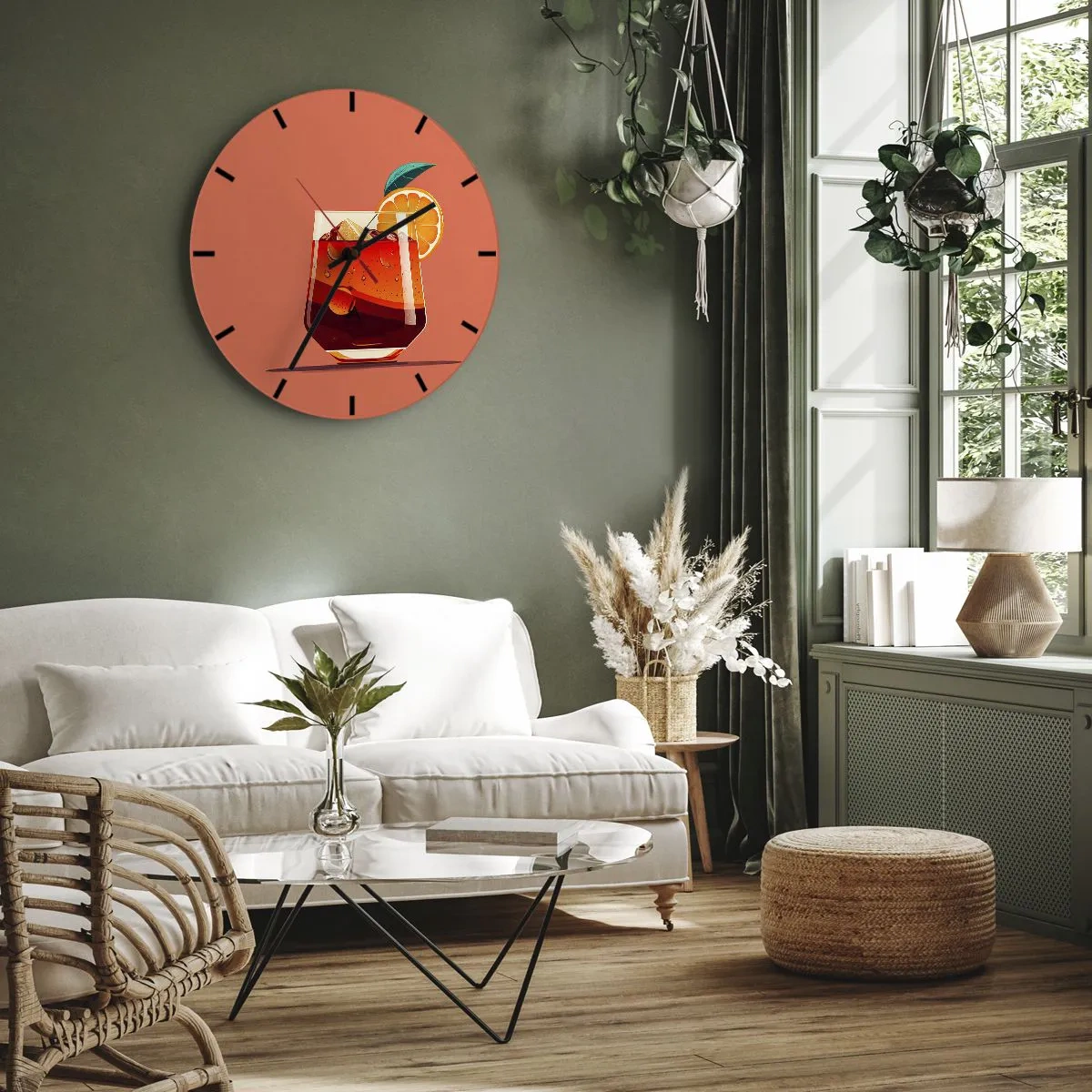 Relógio de parede - Relógio em vidro - Um copo de bebida de verão com uma fatia de laranja e gelo - 30x30cm - Refresco de verão - Decoração de parede moderna para a sala de estar, cozinha e quarto ARTTOR