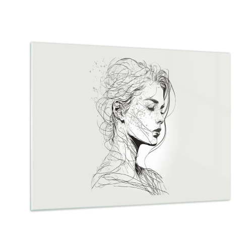 Quadro em vidro - Um esboço em preto e branco de uma mulher com os olhos fechados em uma linha delicada. - 70x50cm - Retrato em pensamento - Decoração de parede moderna para a sala de estar e quarto ARTTOR