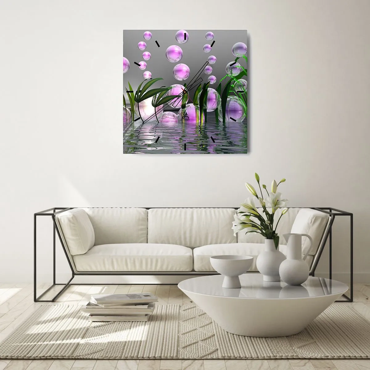 Relógio de parede - Relógio em vidro - Composição reflexiva da leveza e da vida - 30x30 cm