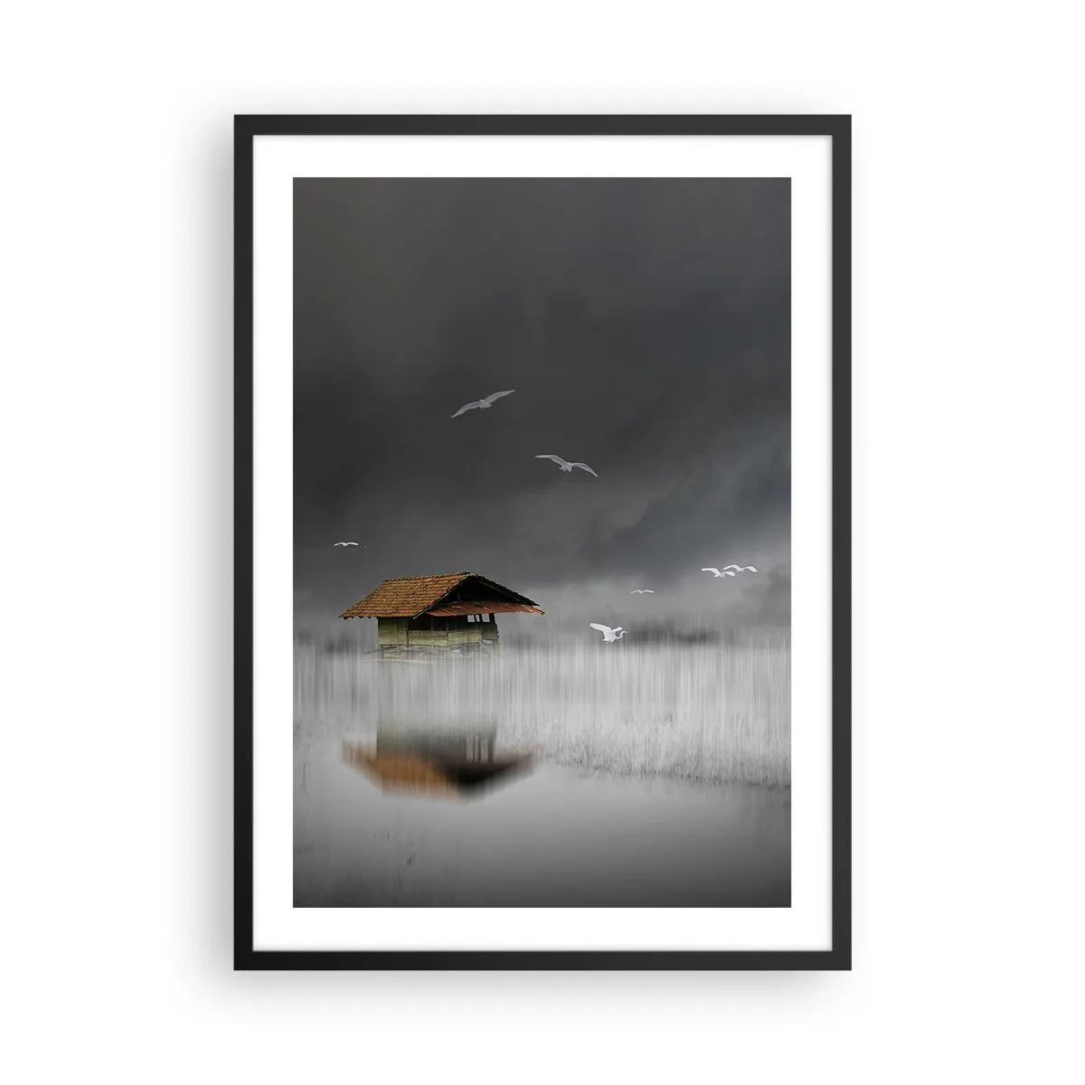 Pôster com moldura preta - Uma casa flutuante cercada por neblina com pássaros contra um fundo escuro - 50x70cm - Abrigo da chuva - Decoração de parede moderna para a sala de estar e quarto ARTTOR