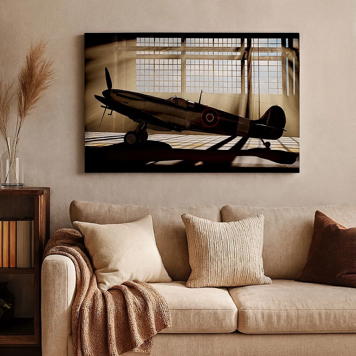 Quadro em tela - Um avião histórico em um hangar iluminado pela luz do sol - 70x50cm - Descanso do guerreiro - Decoração de parede moderna para a sala de estar e quarto ARTTOR