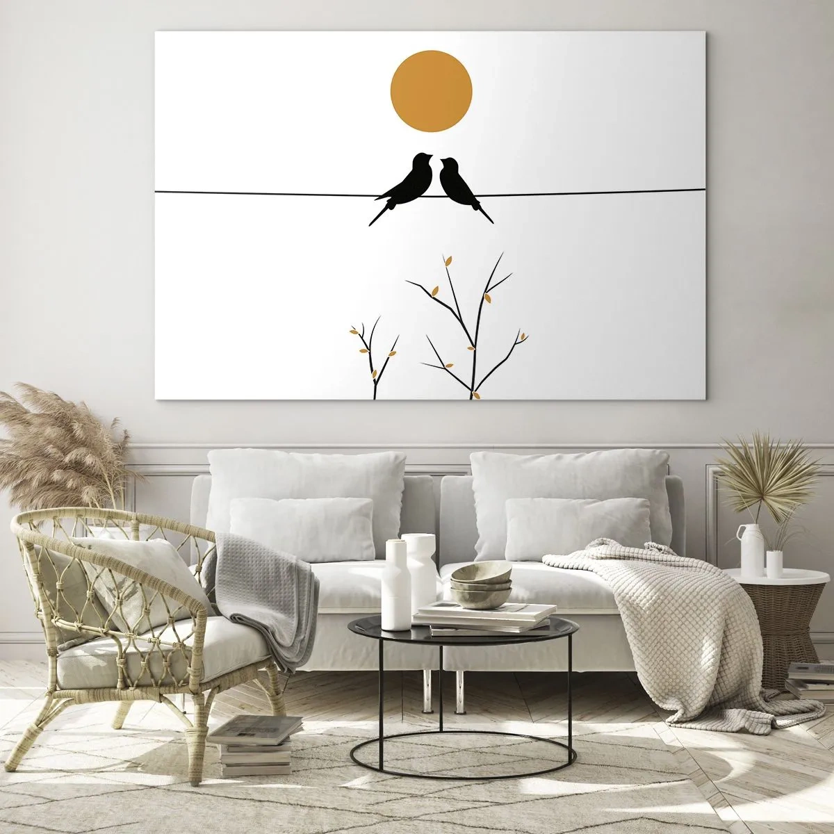 Quadro em vidro - Pássaros em uma linha sob um sol laranja - 70x50cm - A noite dos rouxinóis - Decoração de parede moderna para a sala de estar e quarto ARTTOR
