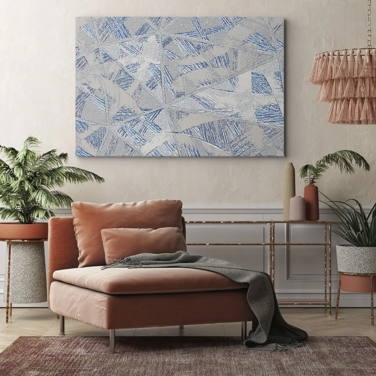 Quadro em tela - Padrões geométricos em tons de azul e cinza - 70x50cm - Em um labirinto azul e cinza - Decoração de parede moderna para a sala de estar e quarto ARTTOR