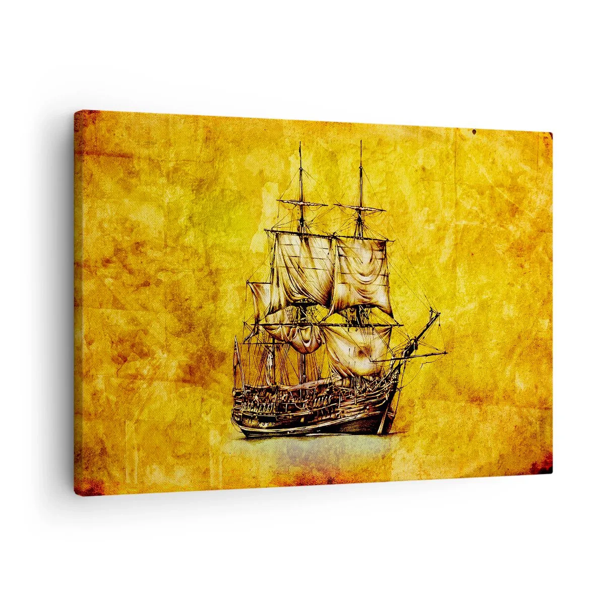 Quadro em tela - Um desenho estilizado de um veleiro em um fundo dourado com um toque vintage. - 70x50cm - Direção Tortuga! - Decoração de parede moderna para a sala de estar e quarto ARTTOR