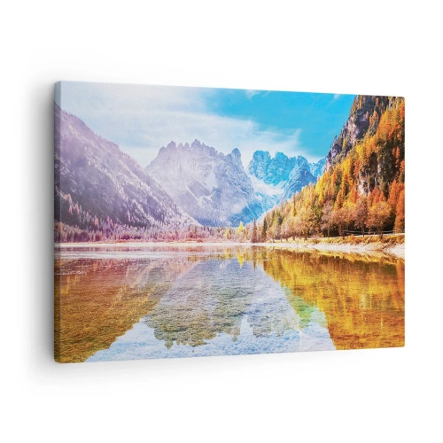 Quadro em tela - Paisagem montanhosa de outono com um lago - 70x50cm - E nas montanhas é outono - Decoração de parede moderna para a sala de estar e quarto ARTTOR