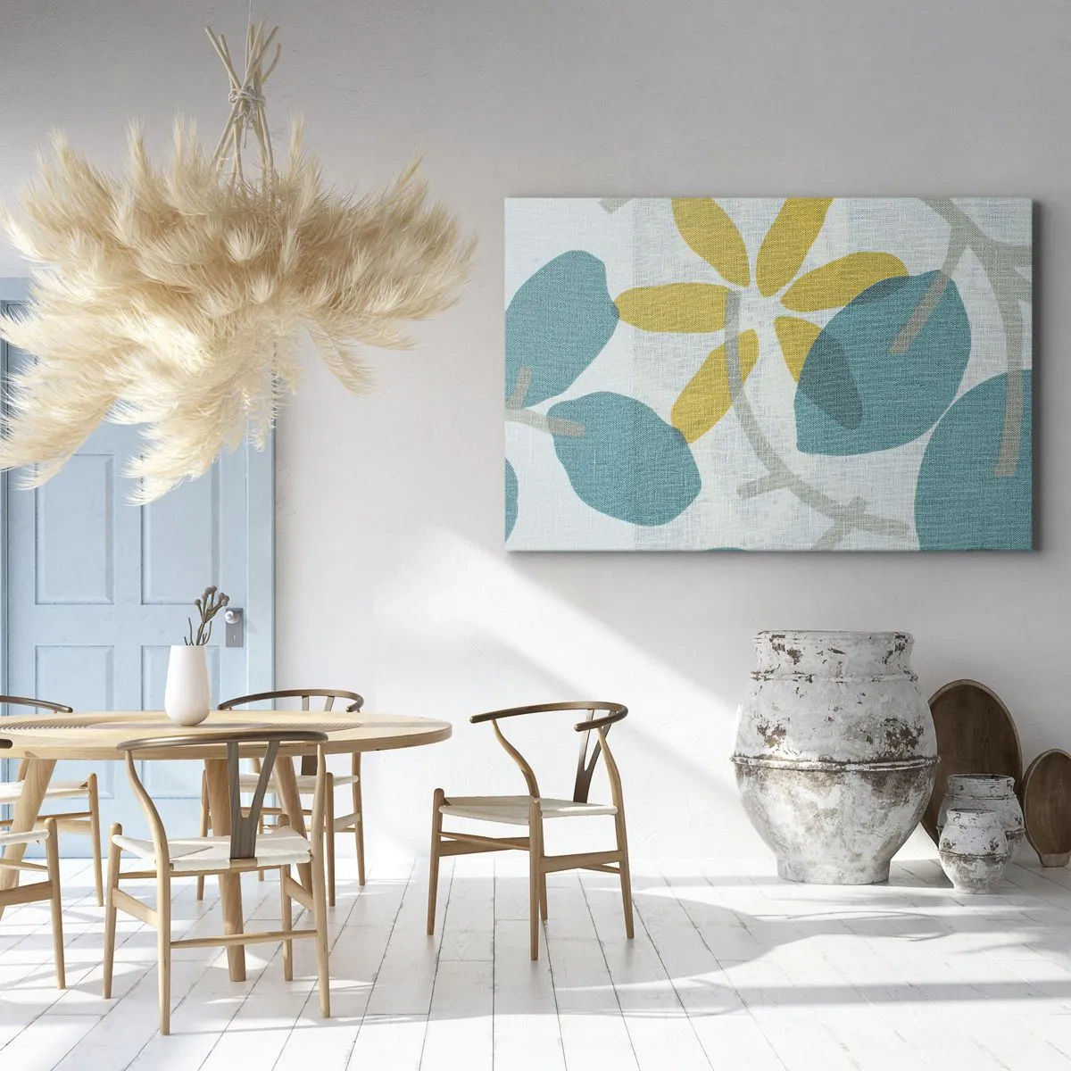 Quadro em tela - Folhas em tons de turquesa e amarelo sobre fundo claro - 70x50cm - Entre as folhas azuis - Decoração de parede moderna para a sala de estar e quarto ARTTOR