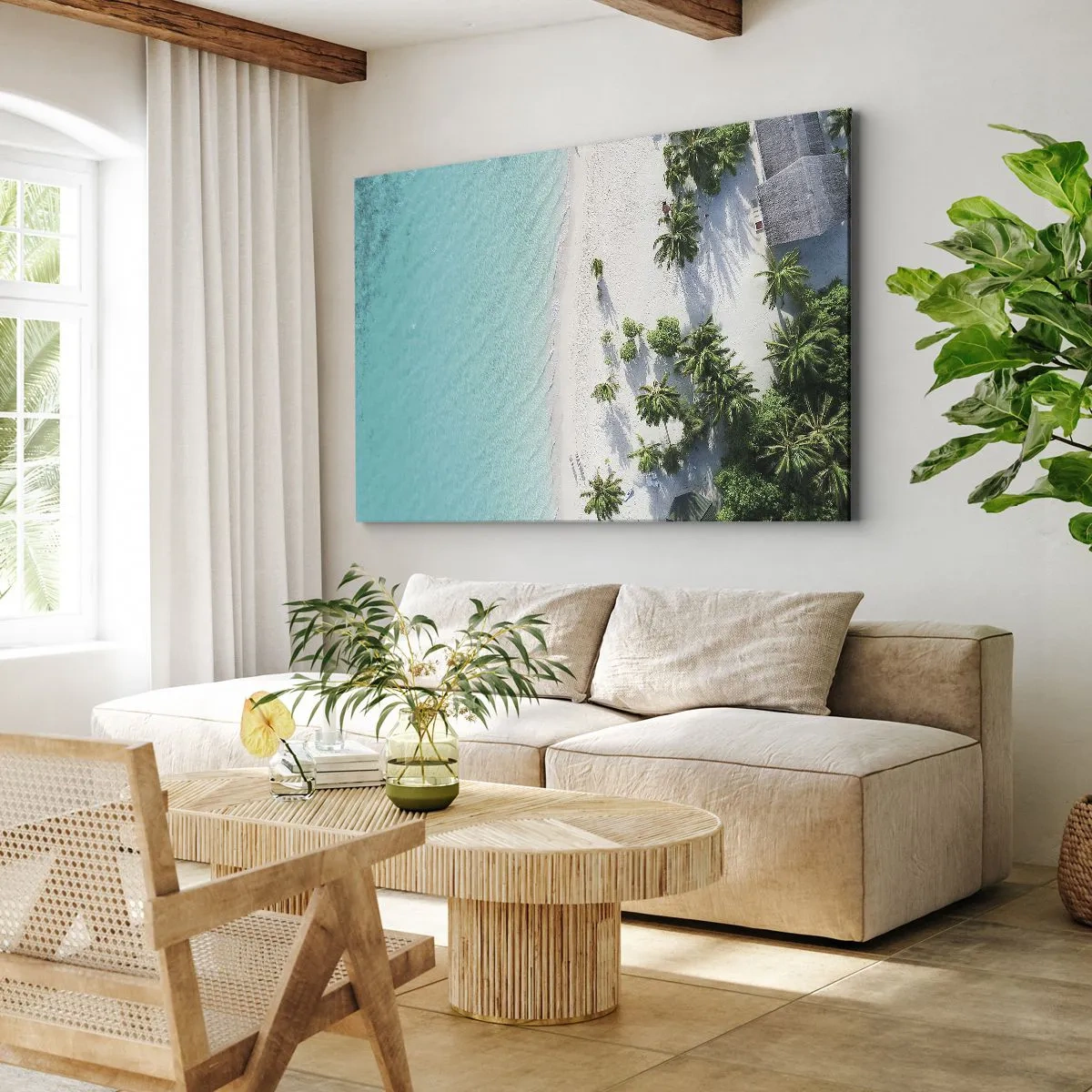 Quadro em tela - Uma vista aérea de uma praia tropical com águas azul-turquesa e palmeiras - 70x50cm - Férias no paraíso - Decoração de parede moderna para a sala de estar e quarto ARTTOR